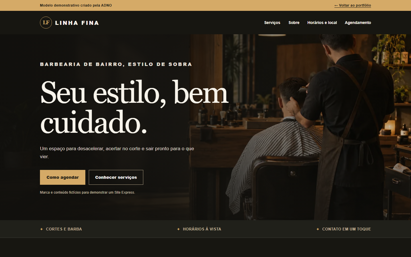 Site modelo Linha Fina: fotografia de barbearia e apresentação dos serviços
