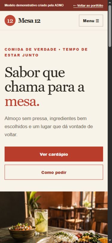 Prévia real da versão de celular do modelo de restaurante